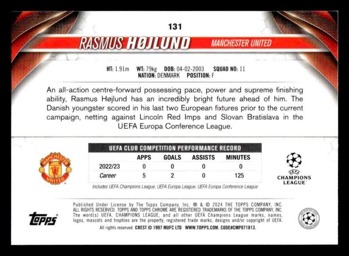 2023-24 Topps Chrome UEFA Club Competitions #131 Rasmus Højlund
