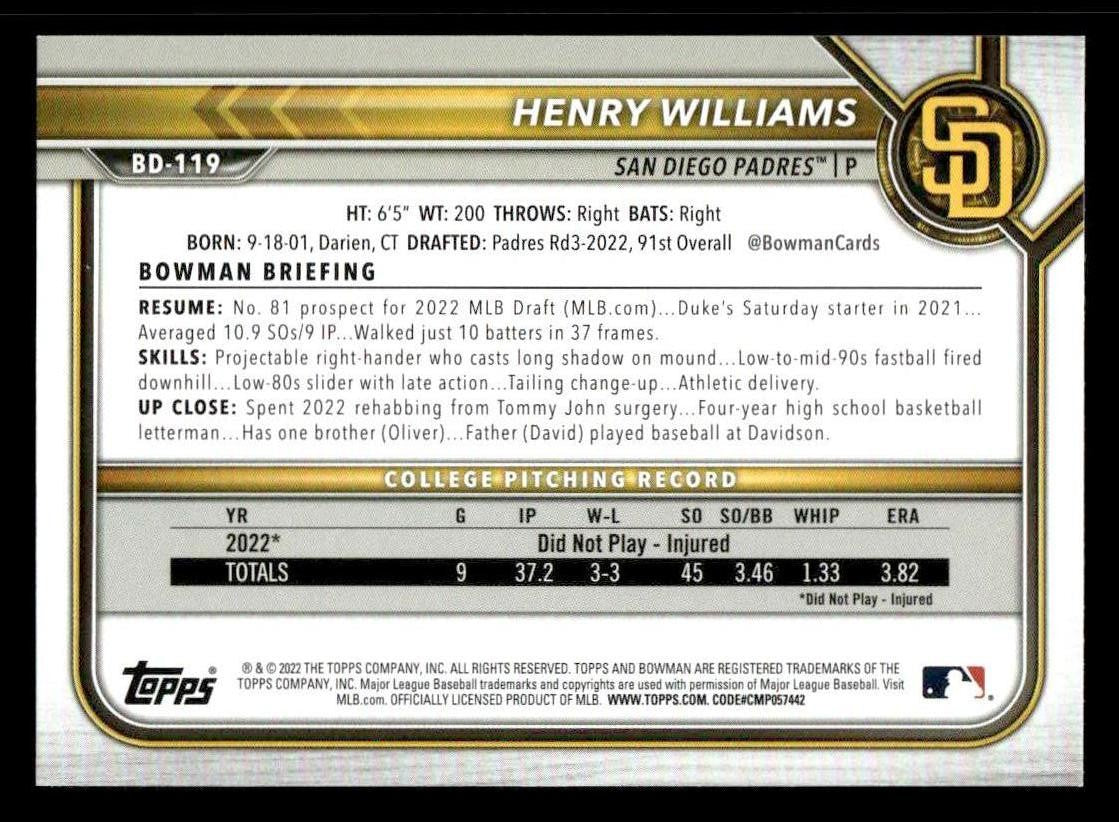 2022 Bowman Draft 1st Edition #BD-119 Henry Williams