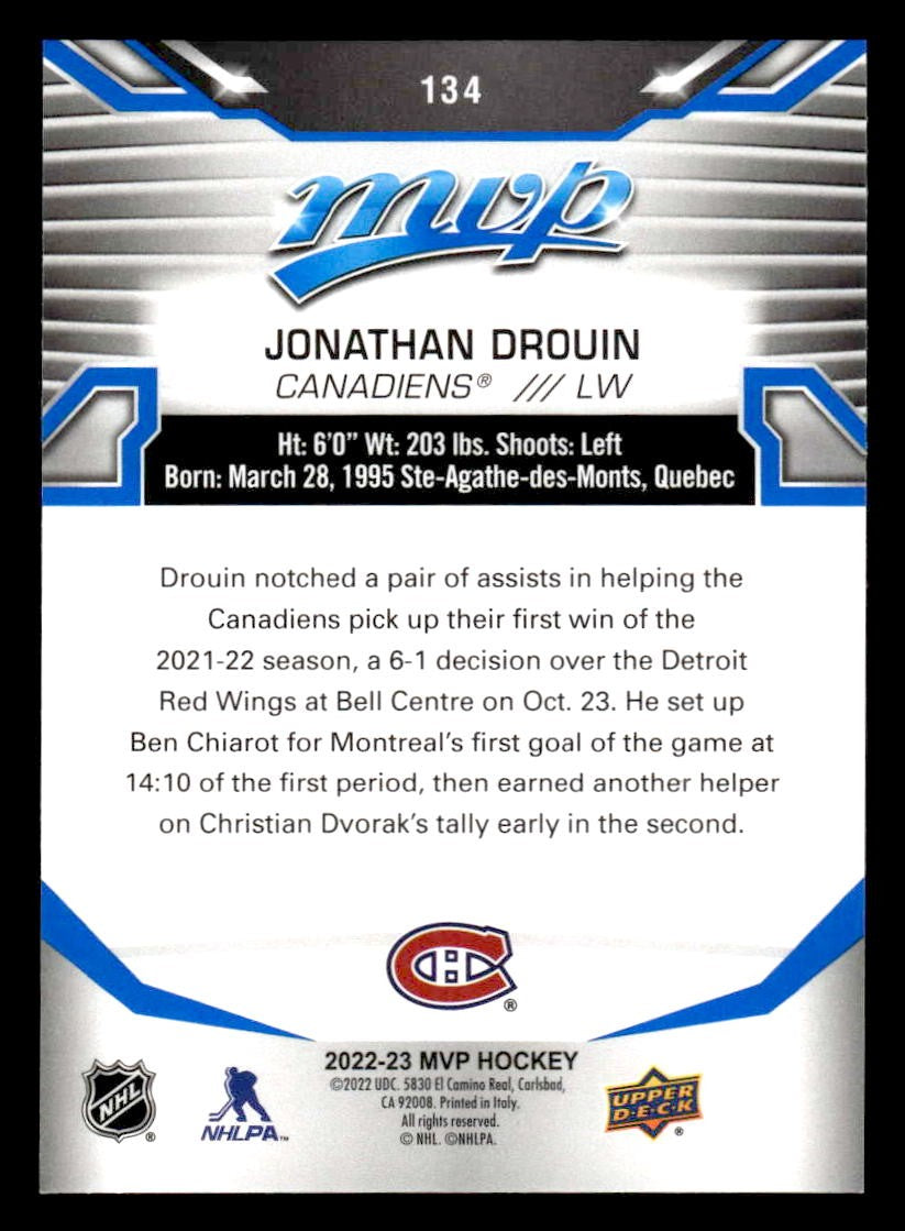 2022-23 Upper Deck MVP #134 Jonathan Drouin Blue Script