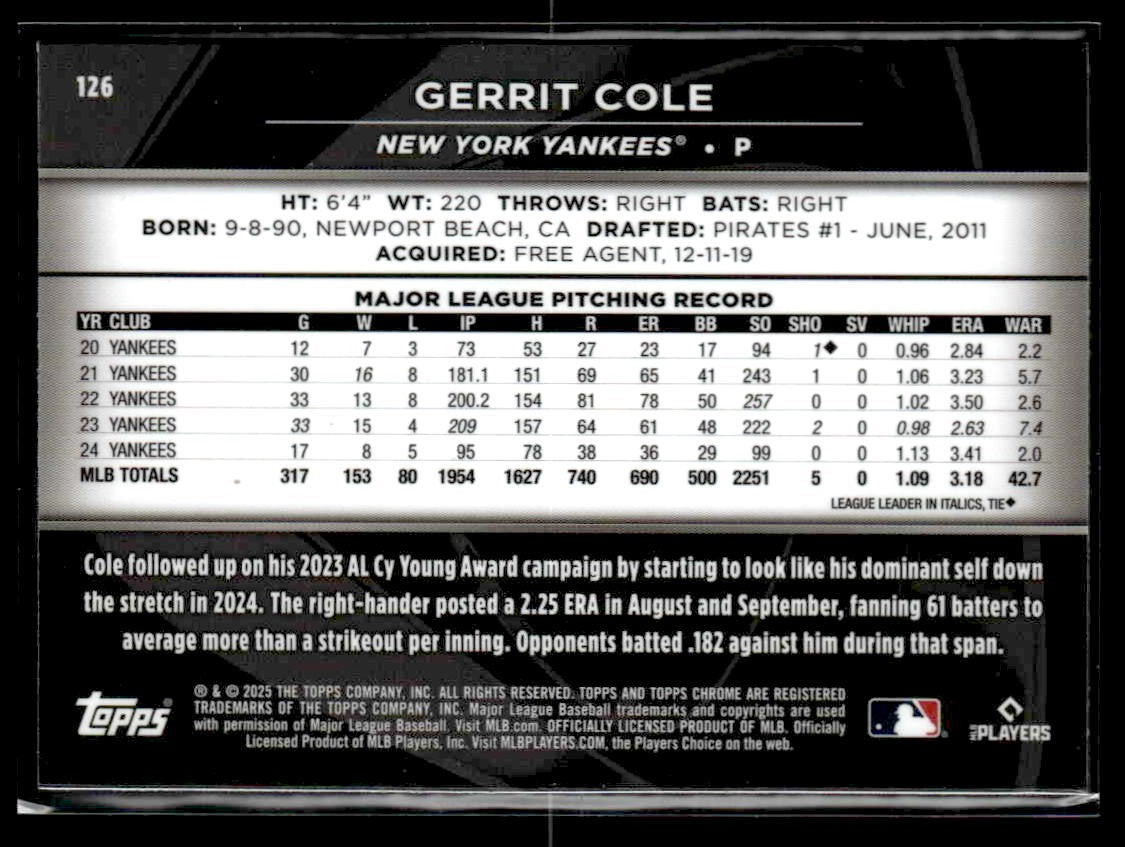 2025 Topps Chrome Black #126 Gerrit Cole