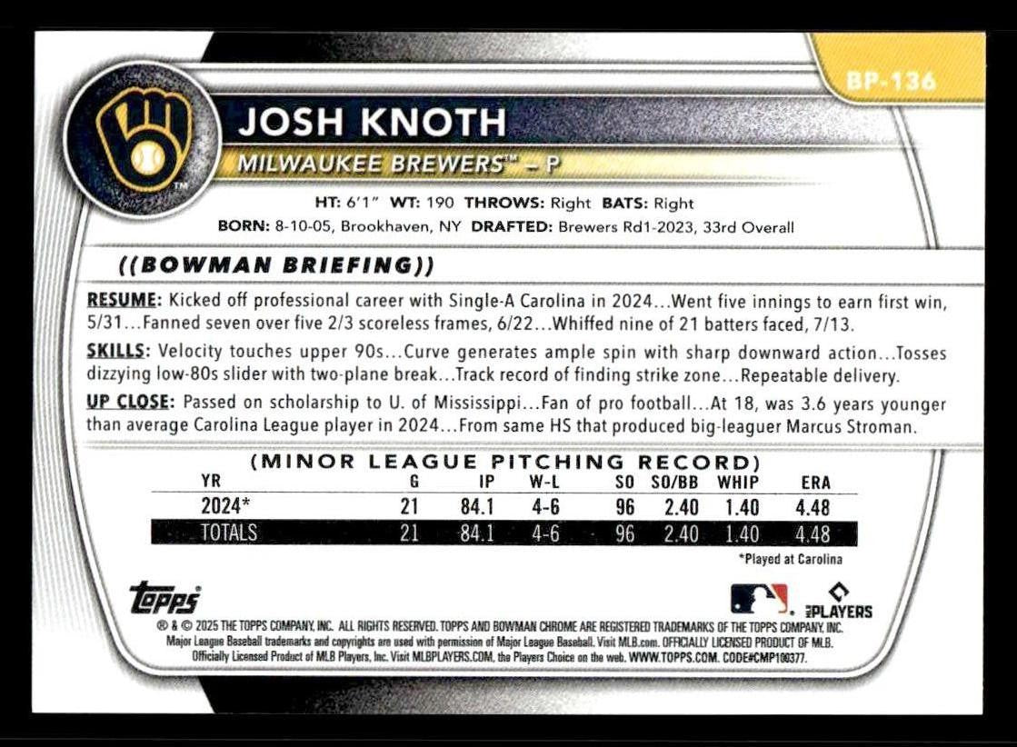2025 Bowman #BP-136 Josh Knoth Prospects