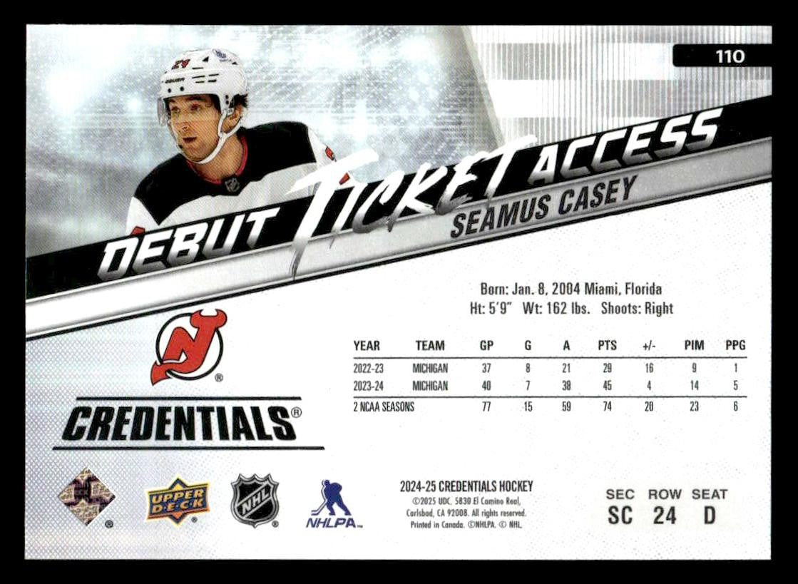 2024-25 Upper Deck Credentials #110 Seamus Casey Debut Ticket Access