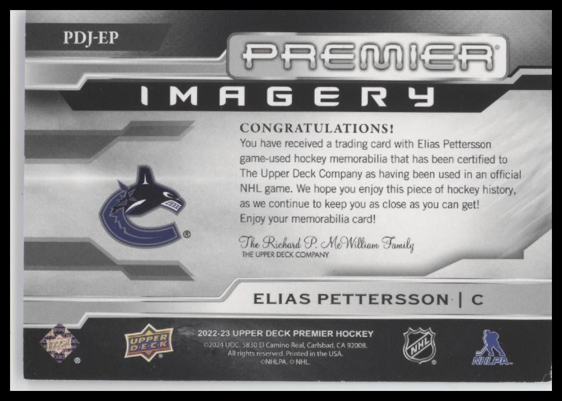 2022-23 Upper Deck Premier #PDJ-EP Elias Pettersson Premier Dynamic Jersey #/300