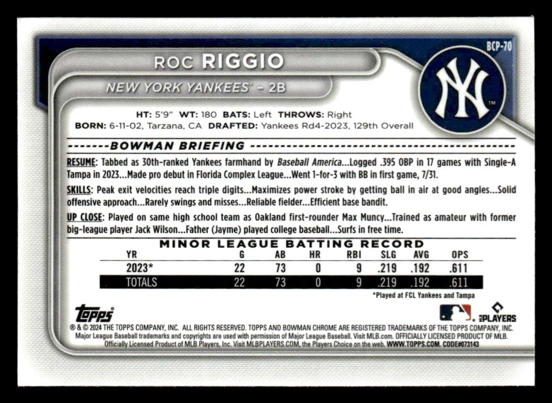 2024 Bowman #BCP-70 Roc Riggio Chrome Prospects