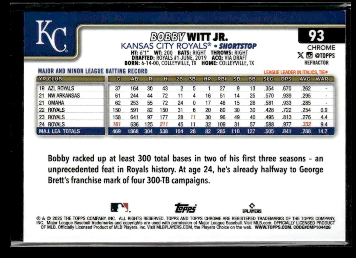 2025 Topps Chrome #93 Bobby Witt Jr. Refractors