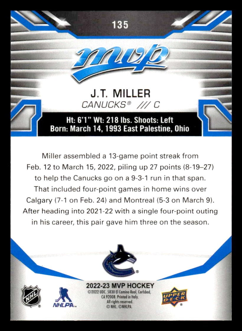 2022-23 Upper Deck MVP #135 J.T. Miller Blue Script