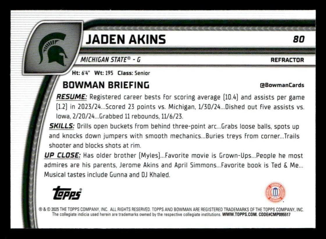 2024-25 Bowman University Chrome #80 Jaden Akins Refractor
