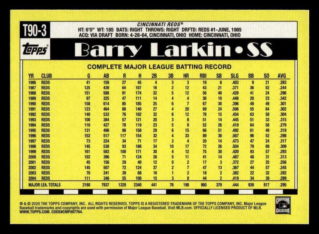 2025 Topps #T90-3 Barry Larkin 1990 Topps Baseball 35th Anniversary