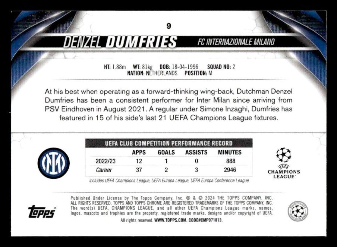 2023-24 Topps Chrome UEFA Club Competitions #9 Denzel Dumfries