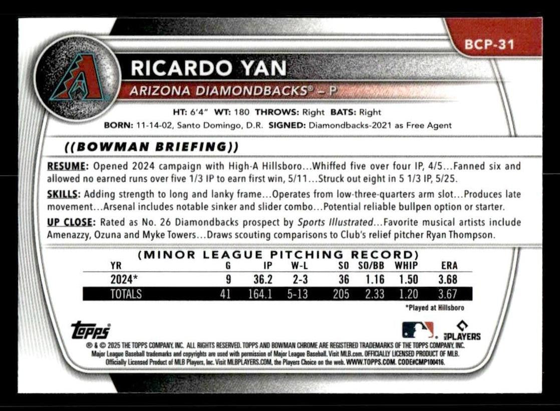 2025 Bowman #BCP-31 Ricardo Yan Chrome Prospects