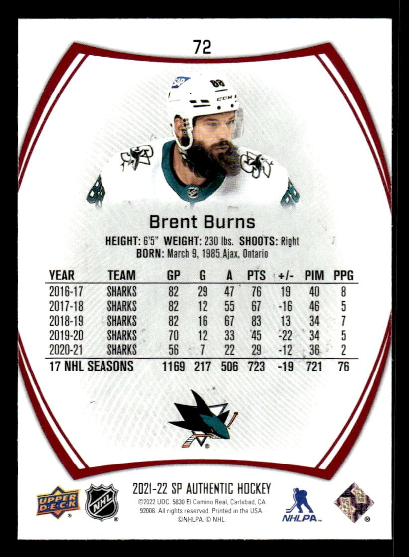 2021-22 SP Authentic #72 Brent Burns Limited Red