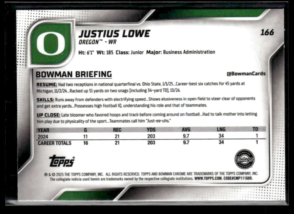 2025 Bowman University Chrome #166 Justius Lowe