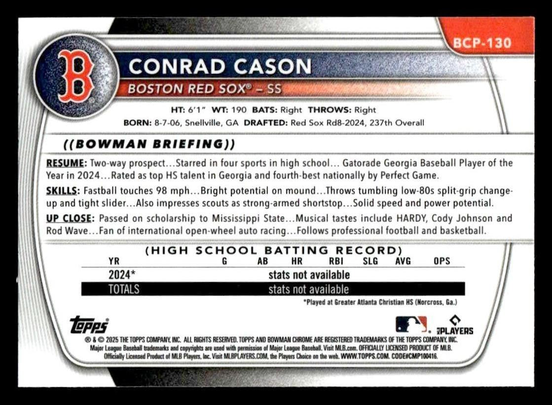 2025 Bowman #BCP-130 Conrad Cason Chrome Prospects