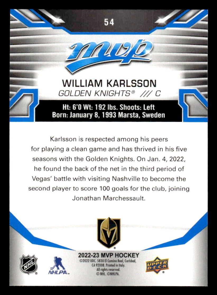 2022-23 Upper Deck MVP #54 William Karlsson Blue Script