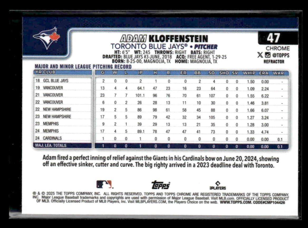 2025 Topps Chrome #47 Adam Kloffenstein Refractors