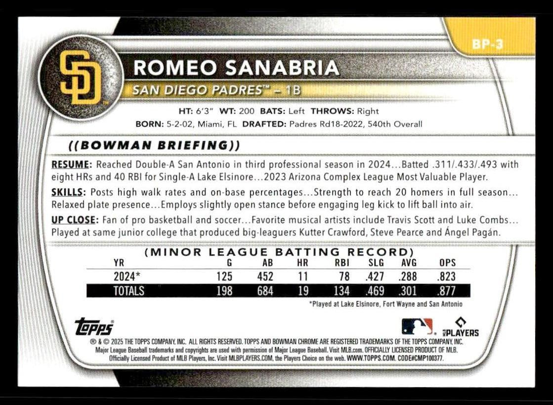 2025 Bowman #BP-3 Romeo Sanabria Prospects