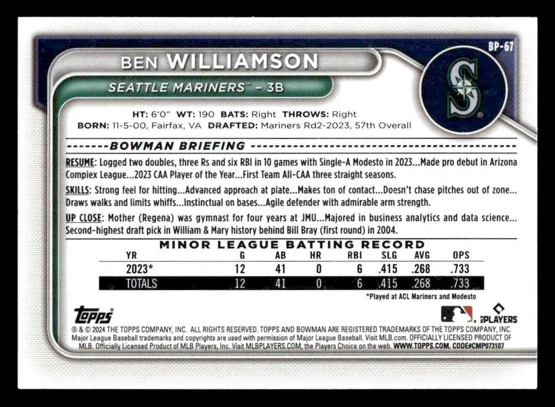 2024 Bowman #BP-67 Ben Williamson Prospects