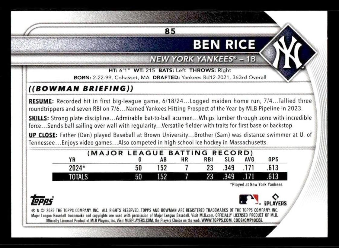 2025 Bowman #85 Ben Rice