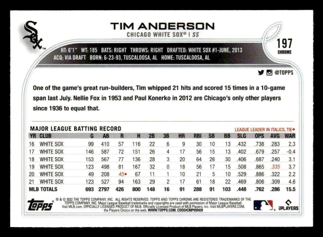2022 Topps Chrome Sonic #197 Tim Anderson