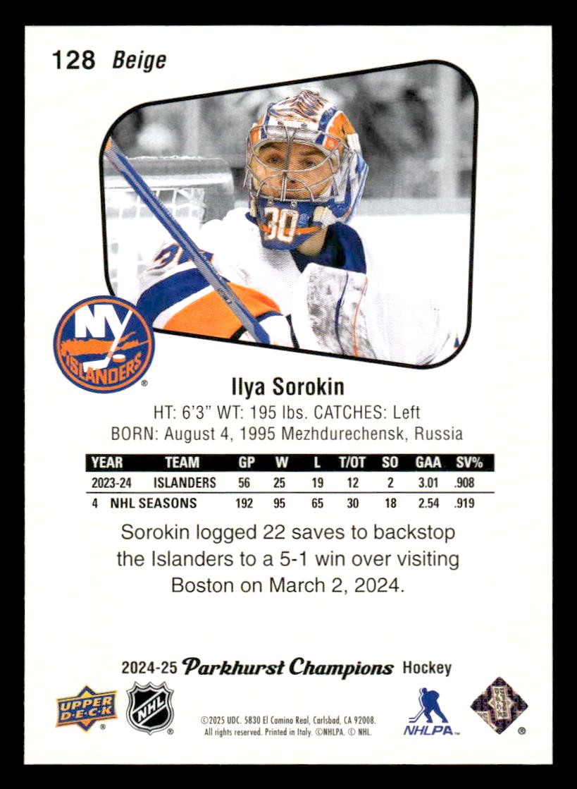 2024-25 Parkhurst Champions #128 Ilya Sorokin