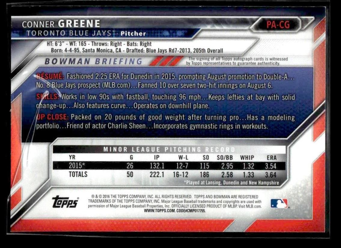 2016 Bowman #PA-CG Conner Greene Paper Prospect Autographs