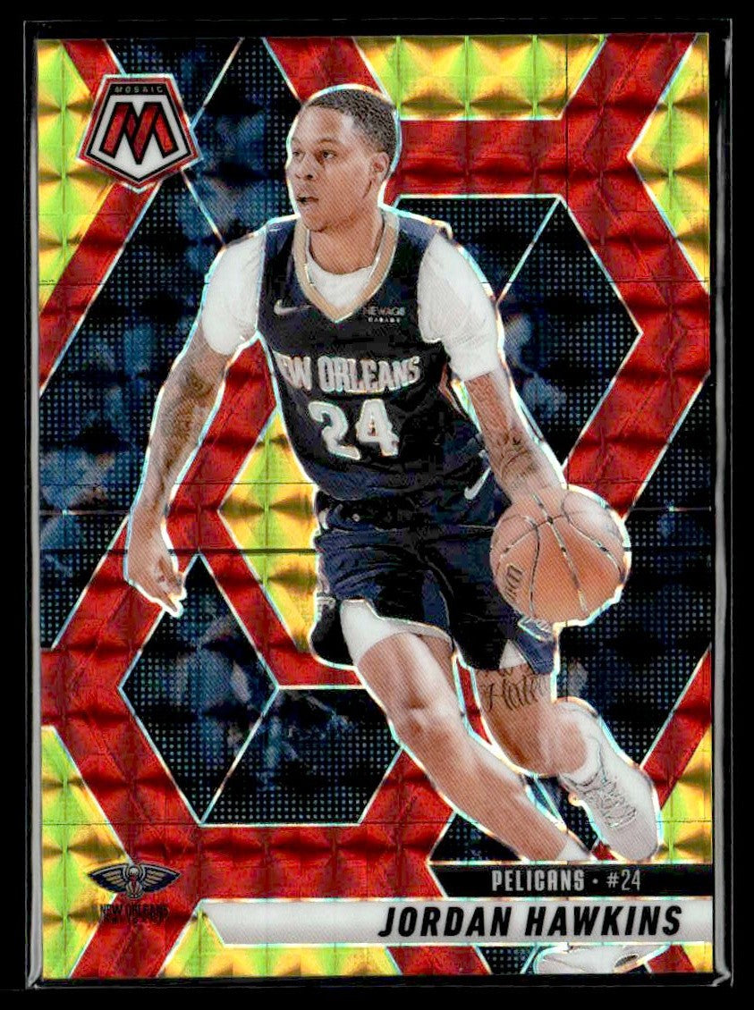 2024-25 Panini Mosaic #26 Jordan Hawkins Choice Fusion Red & Yellow Mosaic #/75