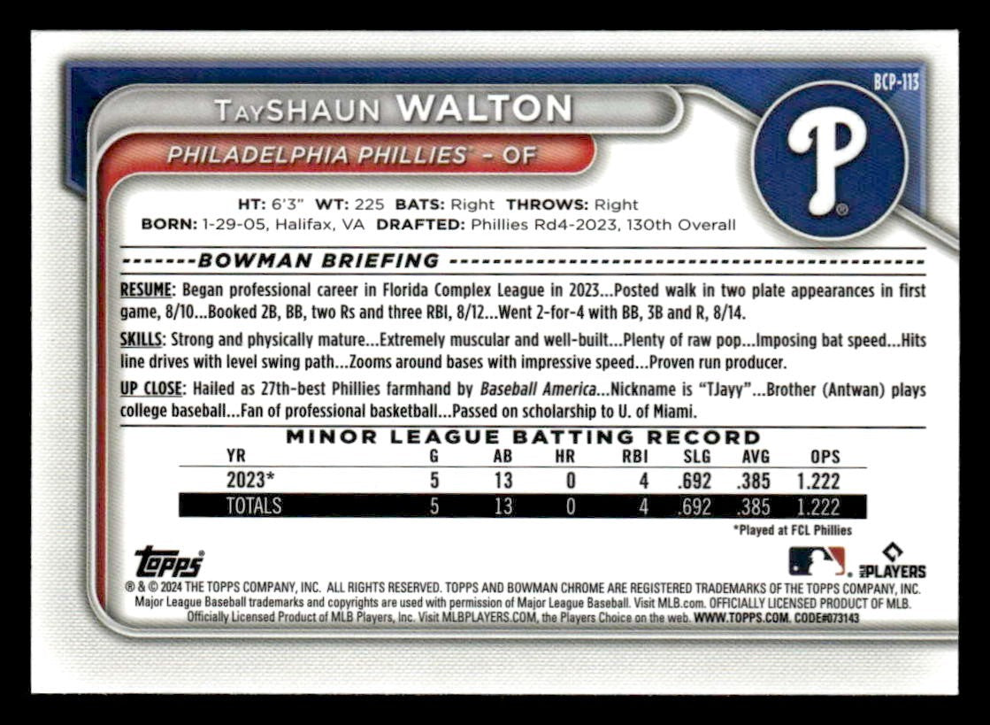 2024 Bowman #BCP-113 TayShaun Walton Chrome Prospects