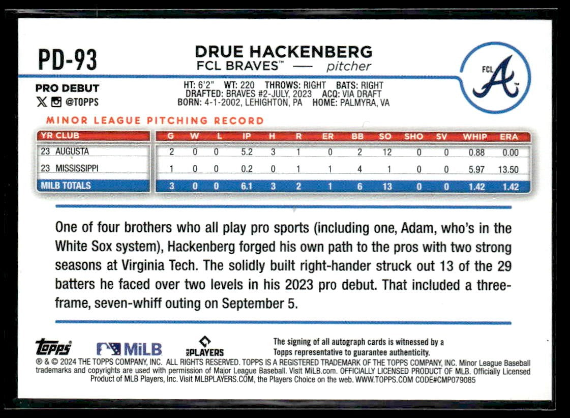 2024 Topps Pro Debut #PD-93 Drue Hackenberg Autographs