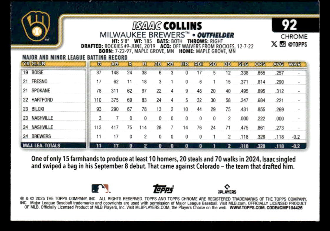 2025 Topps Chrome #92 Isaac Collins