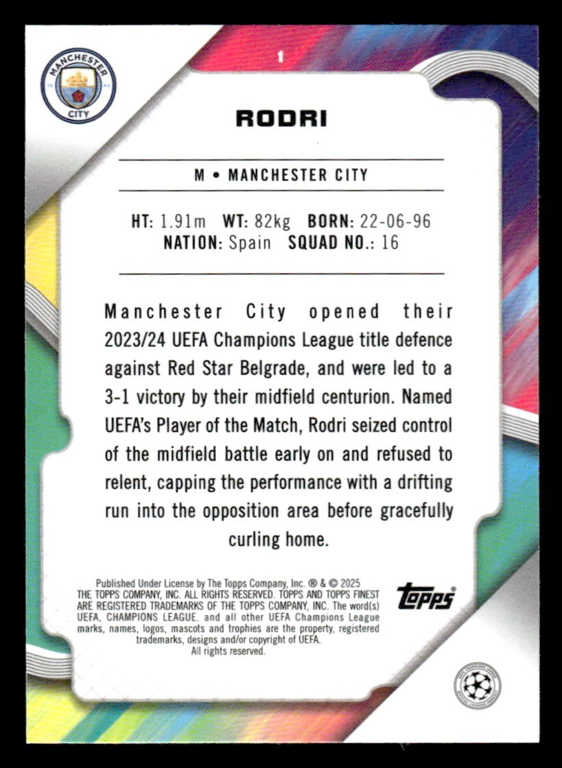 2024-25 Topps Finest UEFA Club Comp #1 Rodri