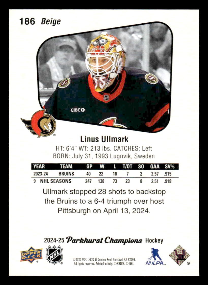 2024-25 Parkhurst Champions #186 Linus Ullmark