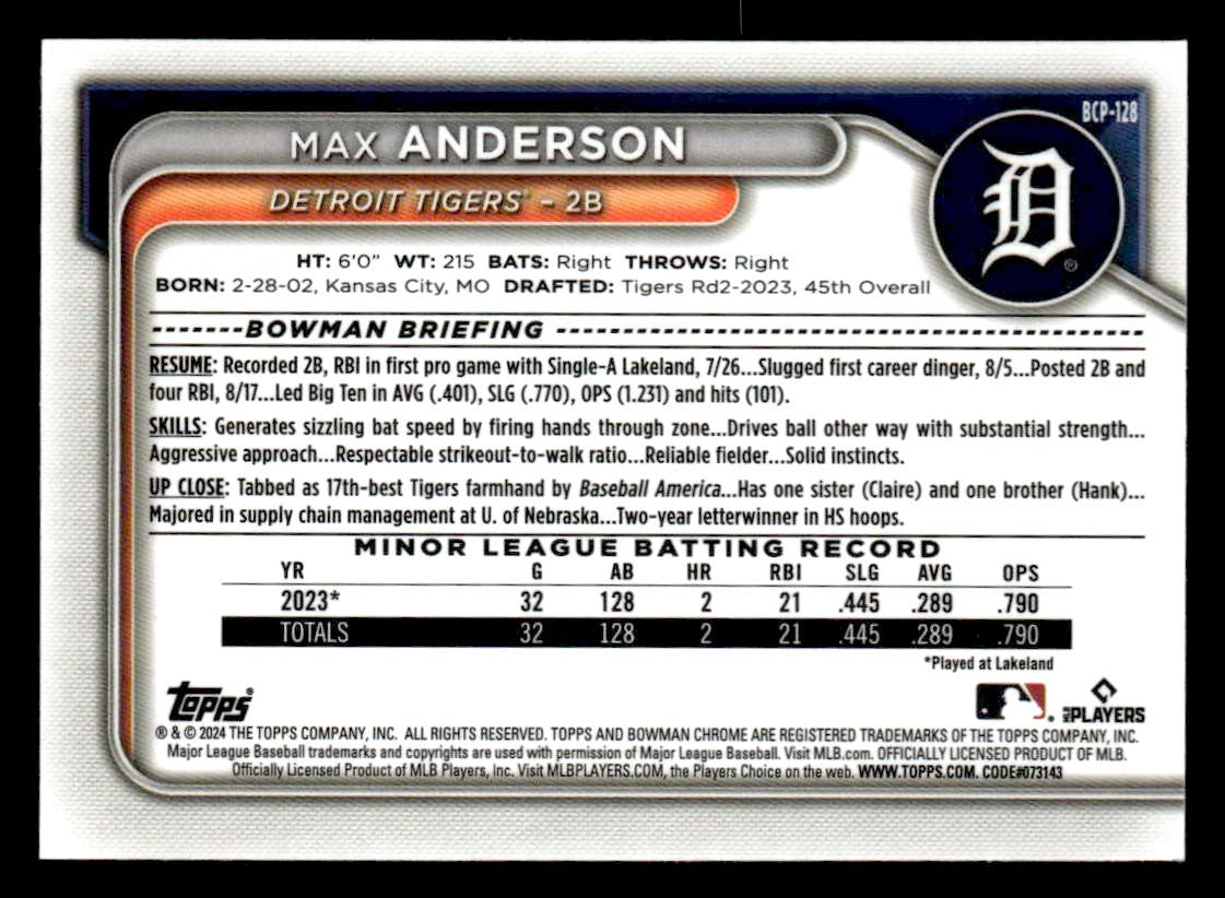 2024 Bowman #BCP-128 Max Anderson Chrome Prospects