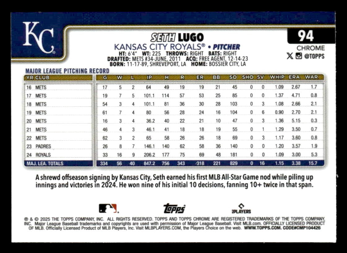 2025 Topps Chrome #94 Seth Lugo Prism Refractors
