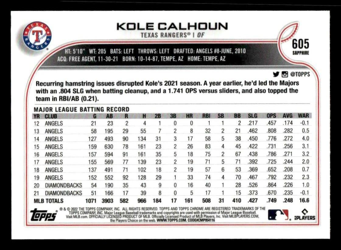 2022 Topps Chrome Sapphire Edition #605 Kole Calhoun