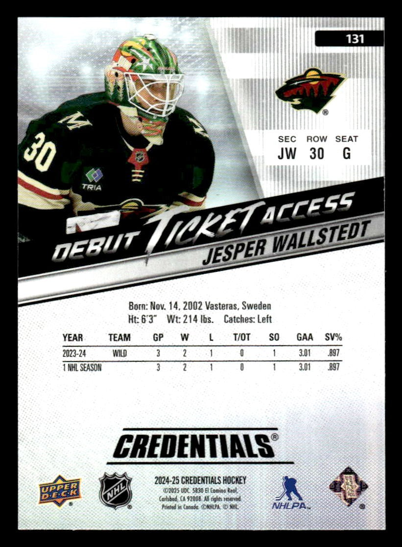 2024-25 UD Credentials #131 Jesper Wallstedt Debut Ticket Access #033/999