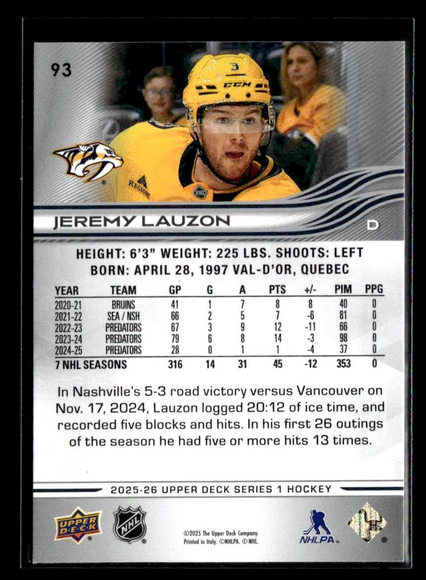 2025-26 Upper Deck #93 Jeremy Lauzon