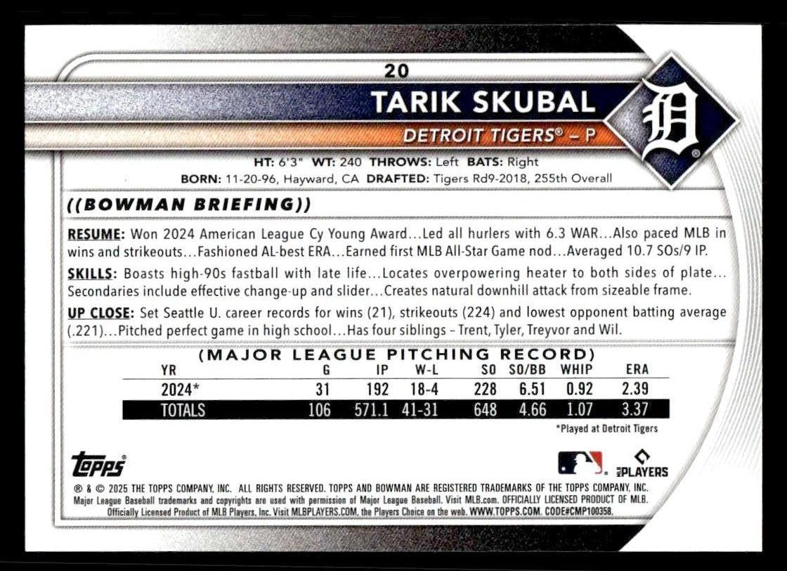 2025 Bowman #20 Tarik Skubal