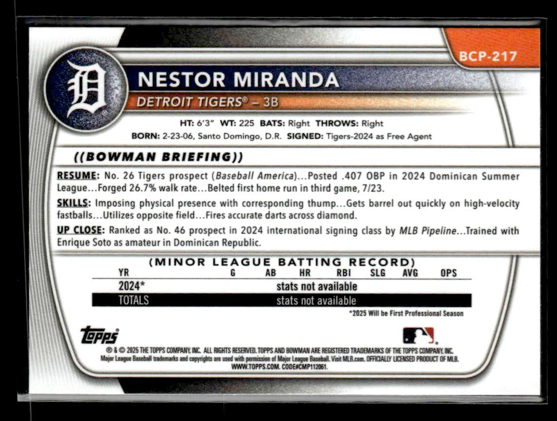 2025 Bowman Chrome #BCP-217 Nestor Miranda