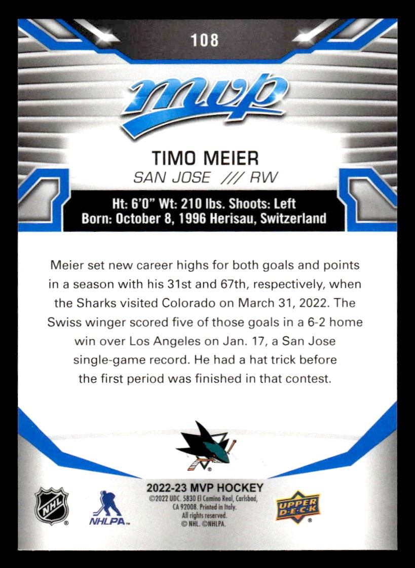 2022-23 Upper Deck MVP #108 Timo Meier Blue Script