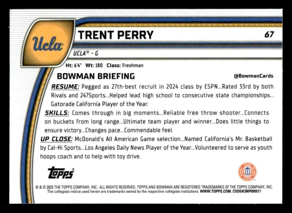 2024-25 Bowman University Chrome #67 Trent Perry