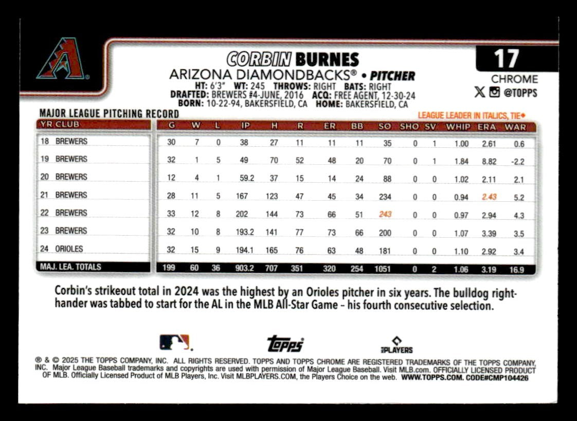 2025 Topps Chrome #17 Corbin Burnes X-Fractors