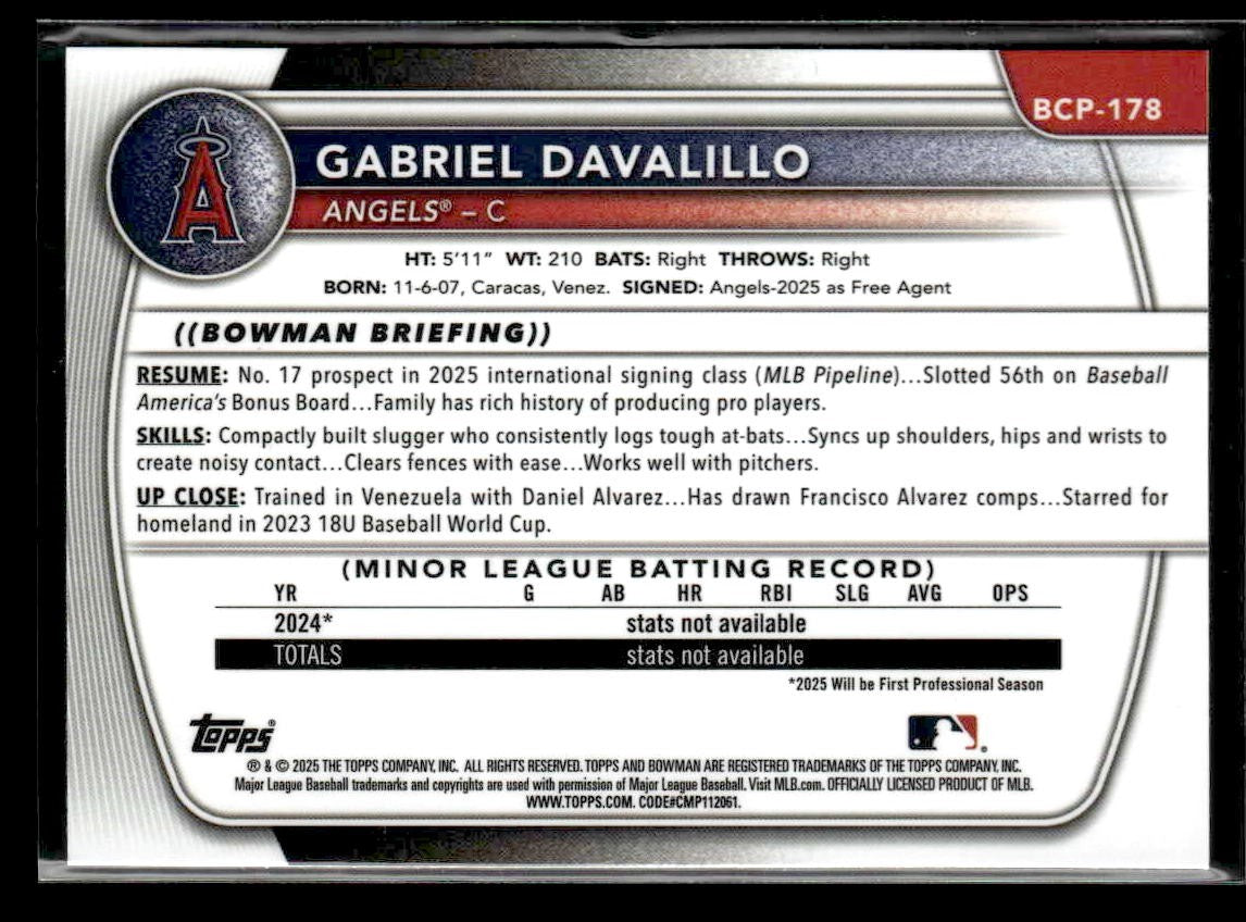2025 Bowman Chrome #BCP-178 Gabriel Davalillo