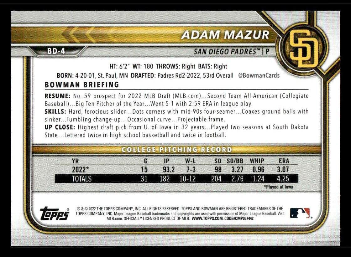 2022 Bowman Draft 1st Edition #BD-4 Adam Mazur Sky Blue