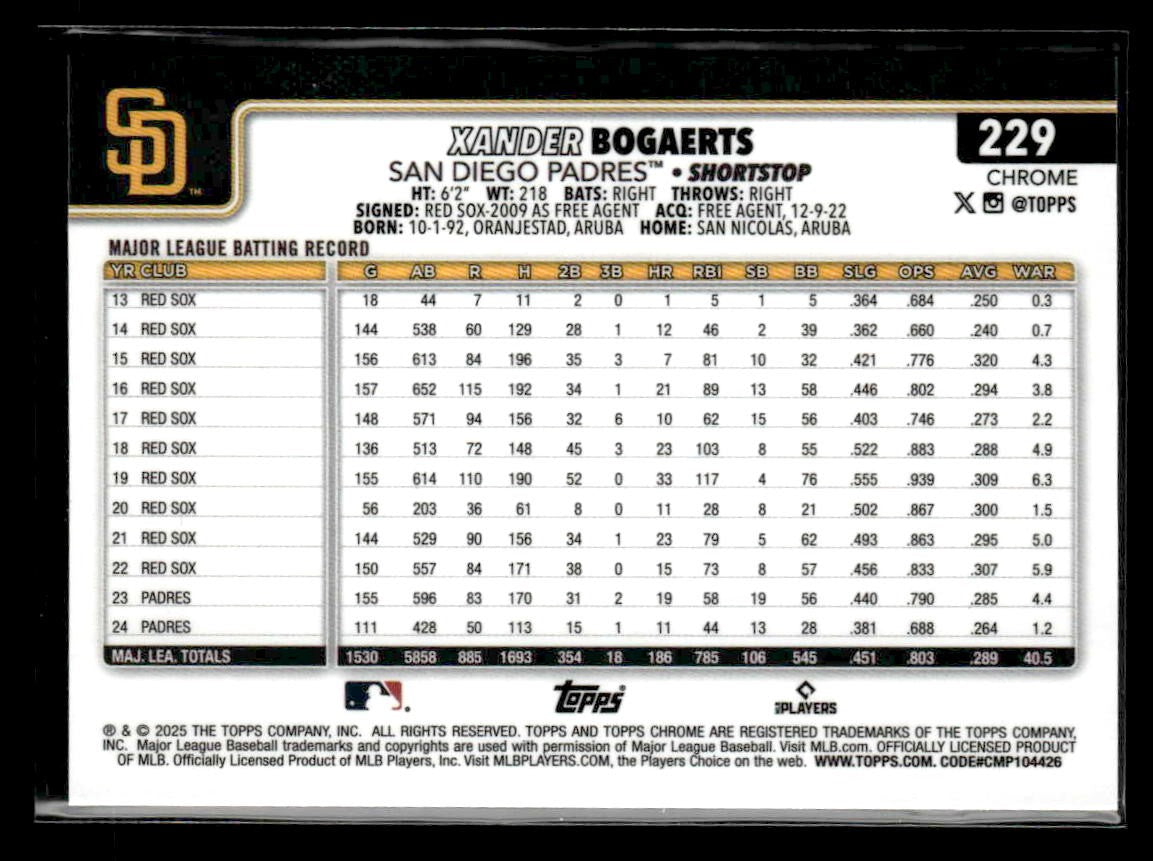 2025 Topps Chrome #229 Xander Bogaerts Blue Refractors #/150