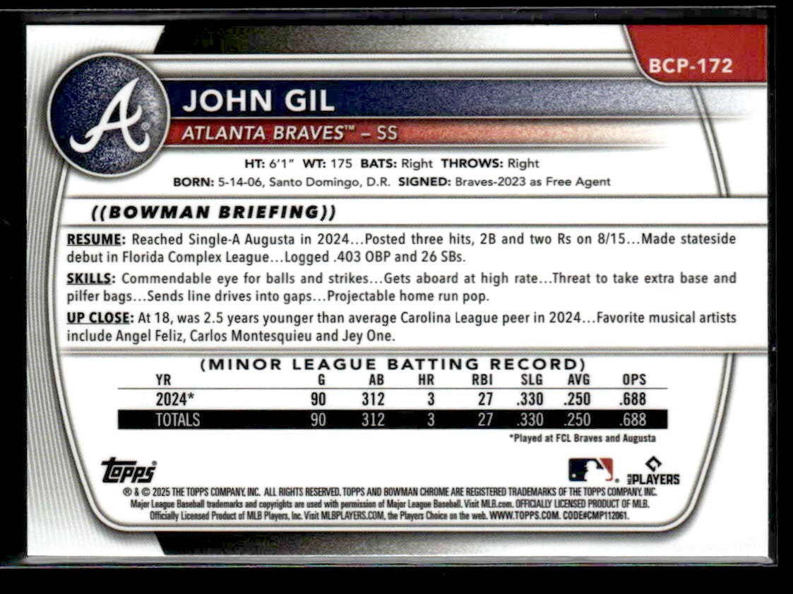 2025 Bowman Chrome #BCP-172 John Gil