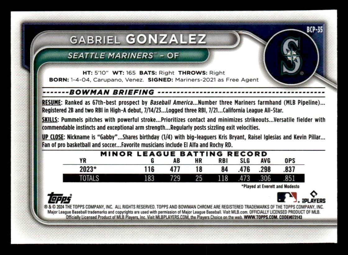 2024 Bowman #BCP-35 Gabriel Gonzalez Chrome Prospects