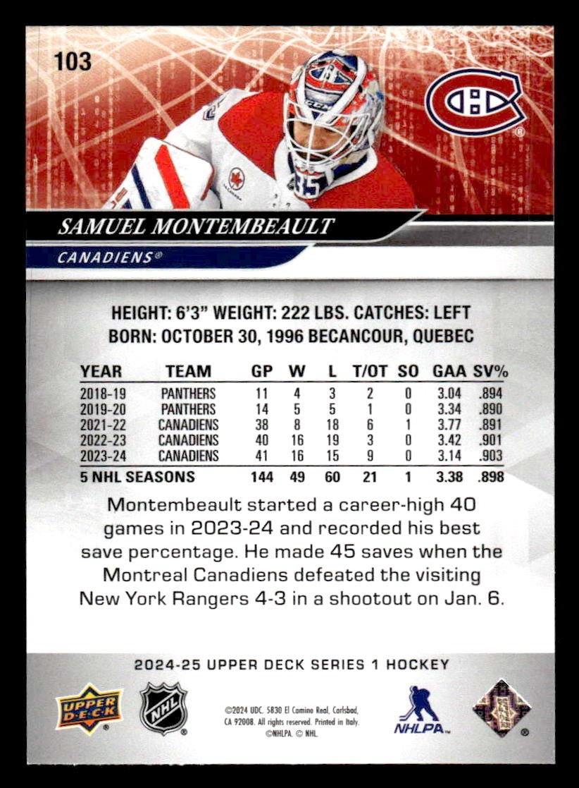 2024-25 Upper Deck #103 Samuel Montembeault