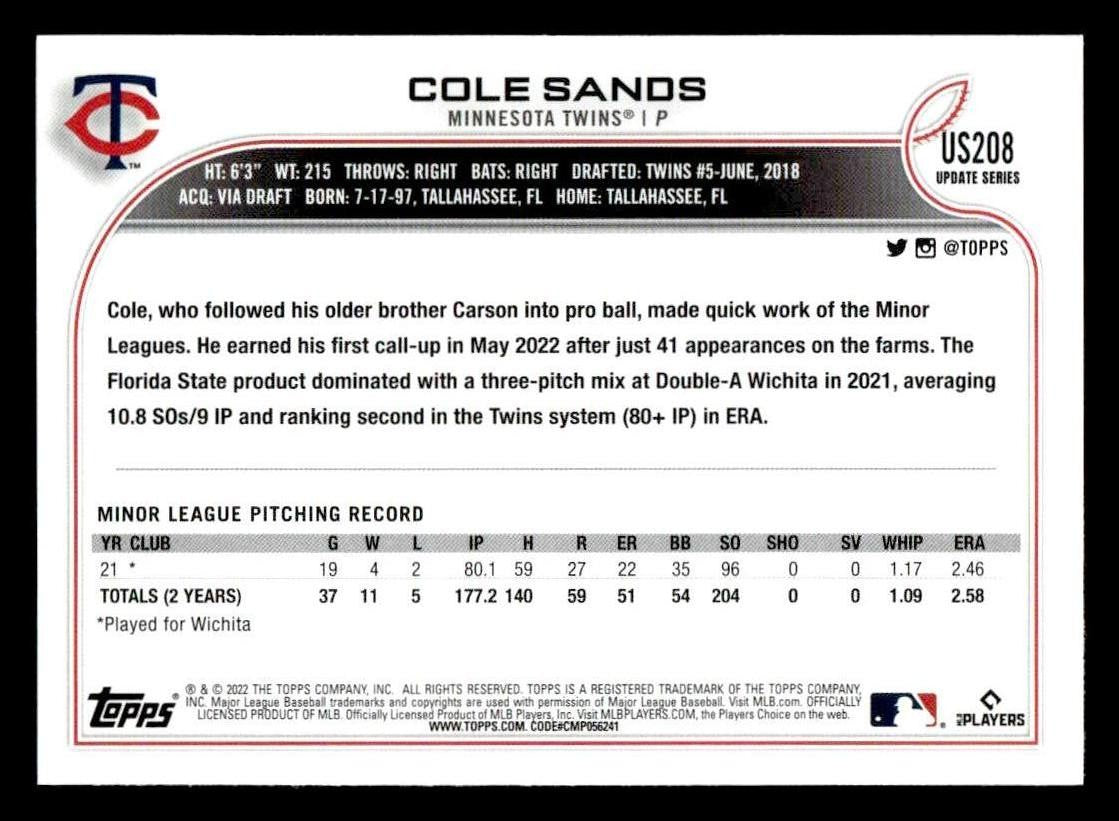 2022 Topps Update #US208 Cole Sands
