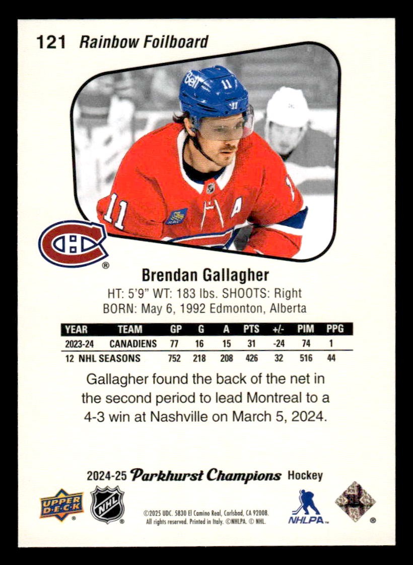 2024-25 Parkhurst Champions #121 Brendan Gallagher Rainbow Foil