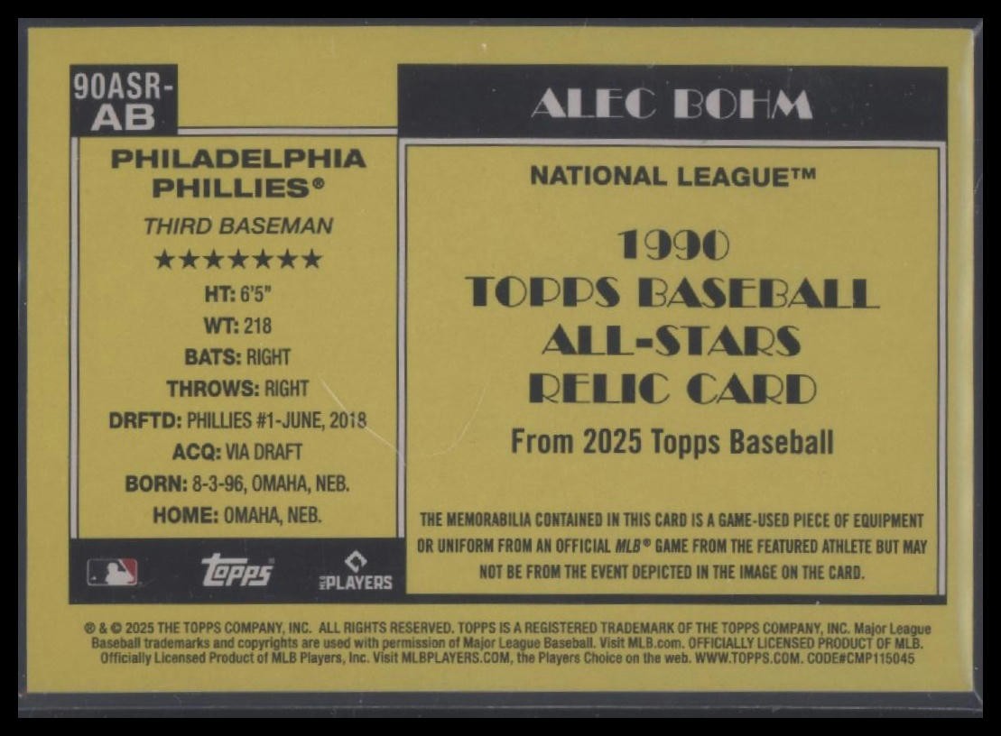 2025 Topps #90ASR-AB Alec Bohm 1990 35th Anniversary All-Stars Relics